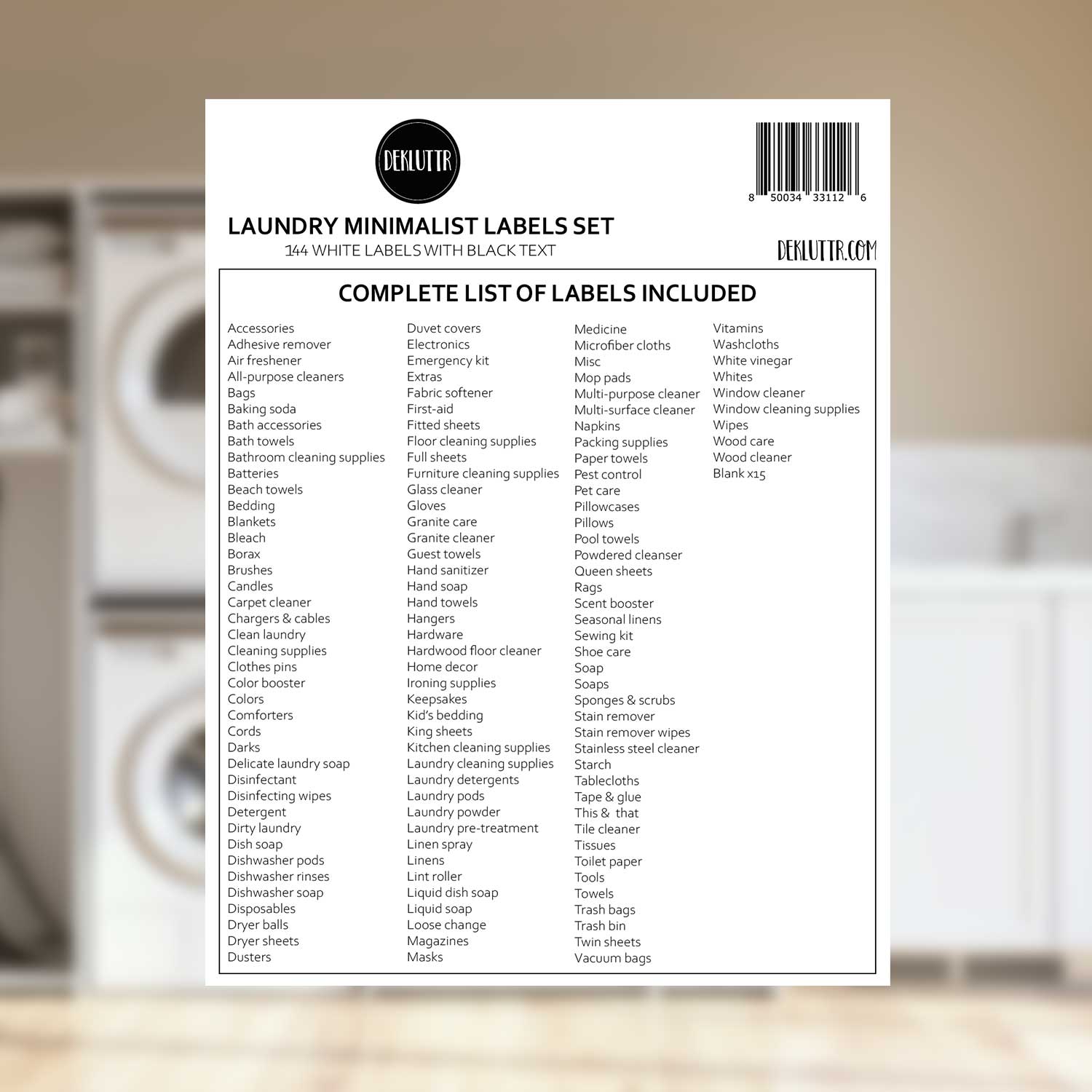 Minimalist Laundry Room Label Set, 144 Labels